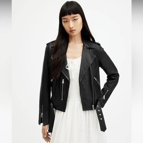 All Saints Black Balfern Belted Hem Leather Biker Jacket Size 2 - Picture 6 of 13